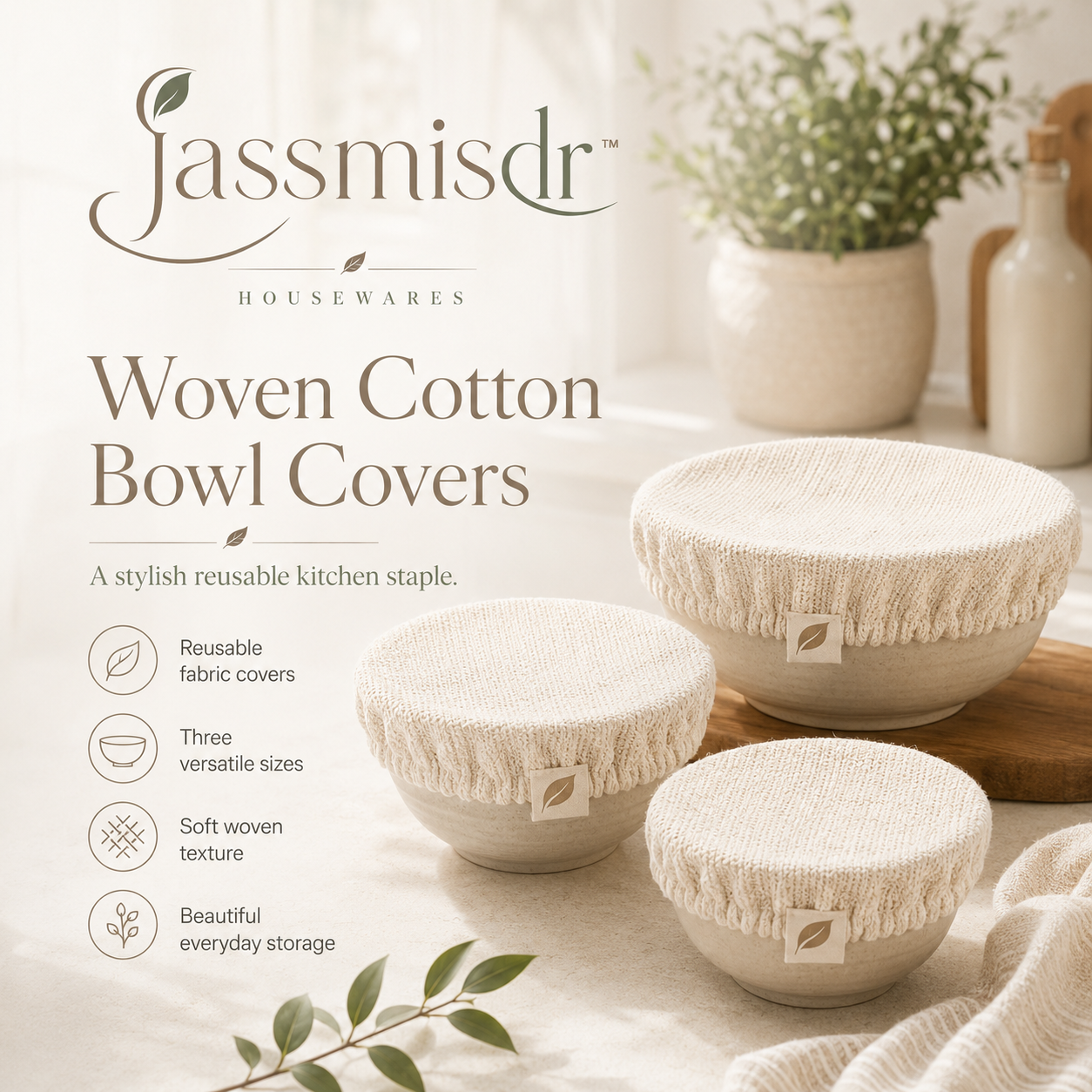 Jassmisdr™ Reusable Cotton Bowl Covers Set, Food Storage Covers, Kitchen Wrap Alternative, Farmhouse Modern Housewares Gift