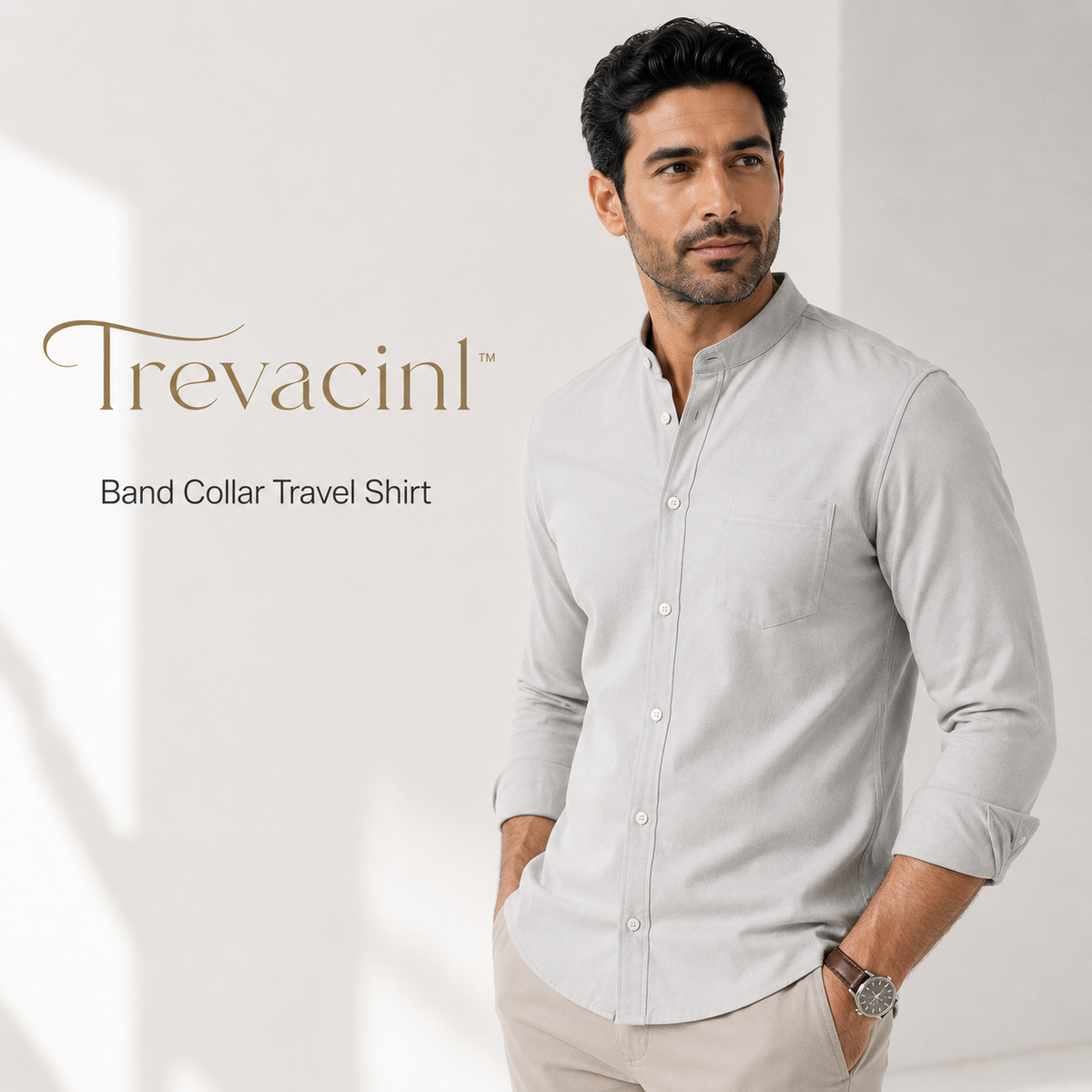 Trevacinl™ Westgate Men’s Band-Collar Travel Shirt | Wrinkle-Resistant Minimalist Work Top