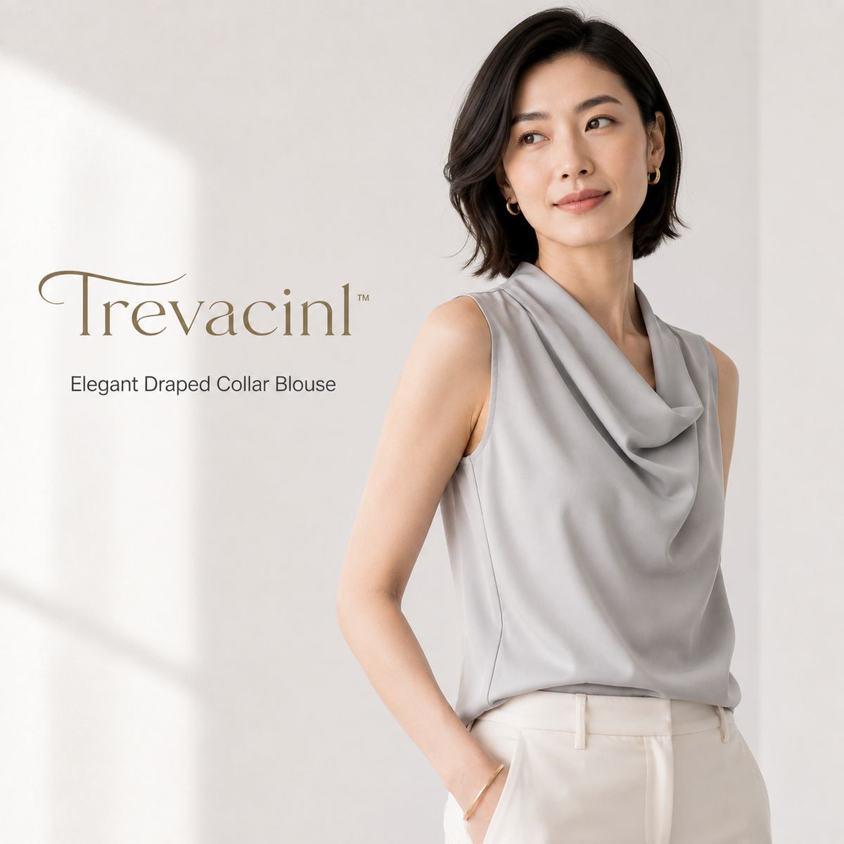 Trevacinl™ Elowen Women’s Draped Collar Blouse | Elegant Sleeveless Business Work Top