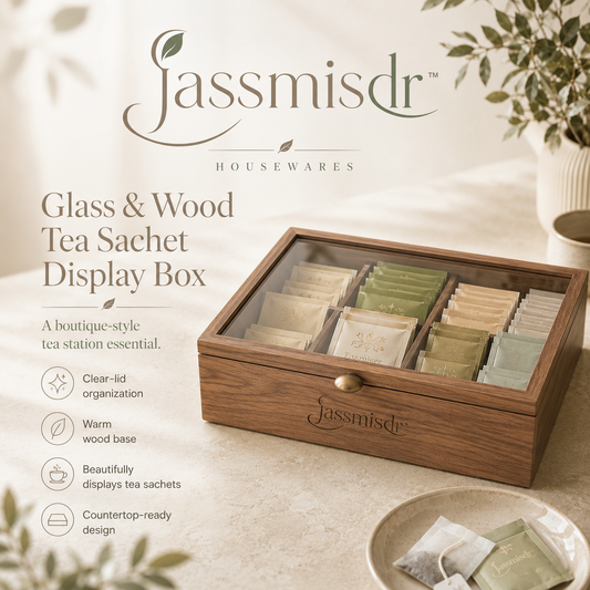 Jassmisdr™ Tea Bag Organizer Box, Glass Lid Tea Storage, Wooden Tea Sachet Holder, Coffee Bar Organizer, Kitchen Counter Decor