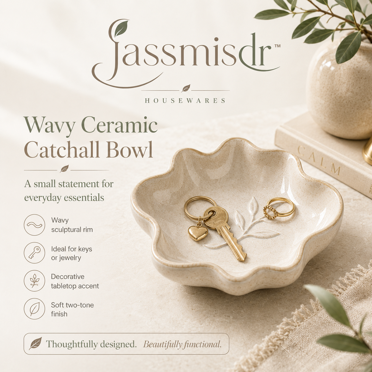 Jassmisdr™ Wavy Ceramic Catchall Bowl, Entryway Key Dish, Jewelry Tray, Decorative Small Bowl, Modern Home Organizer