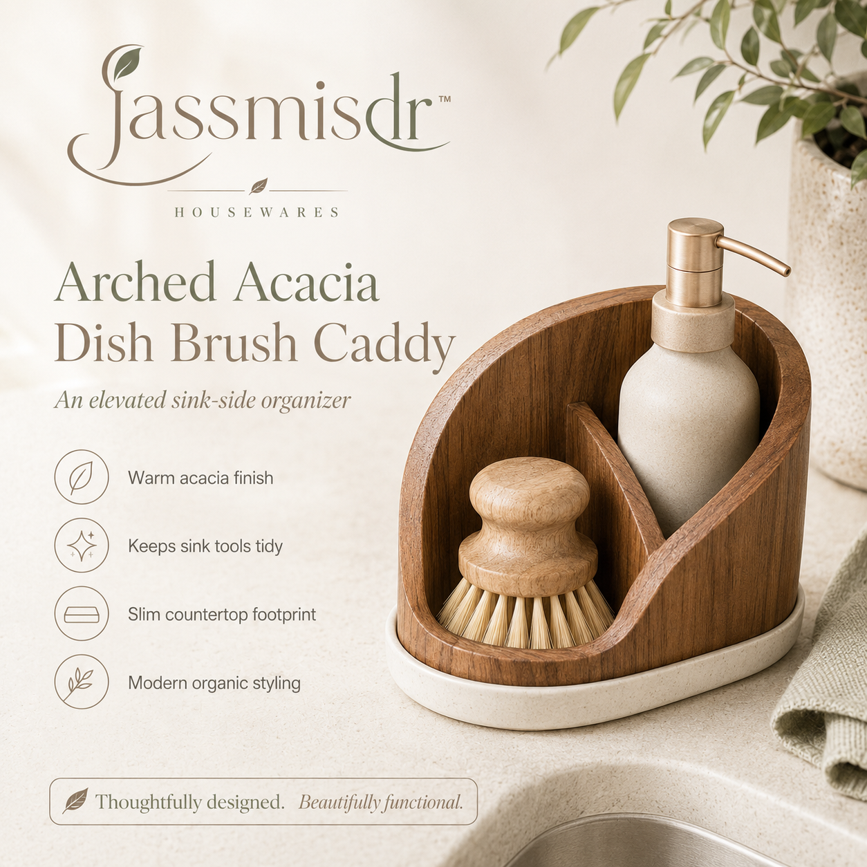 Jassmisdr™ Acacia Wood Dish Brush Holder, Sink Caddy Organizer, Kitchen Sponge Tray, Countertop Storage, Modern Housewares Accessory