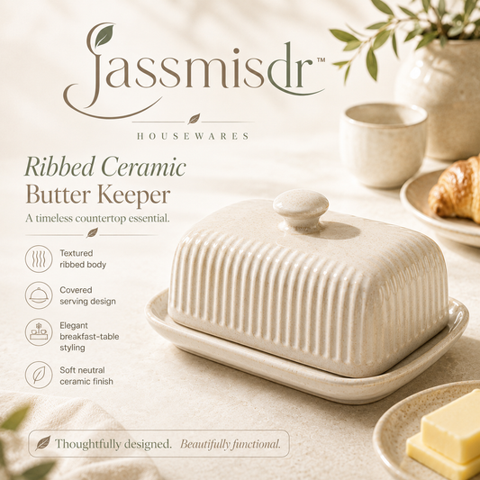 Jassmisdr™ Ribbed Ceramic Butter Keeper with Lid, Countertop Butter Dish, French Butter Crock Inspired, Kitchen Dining Serveware